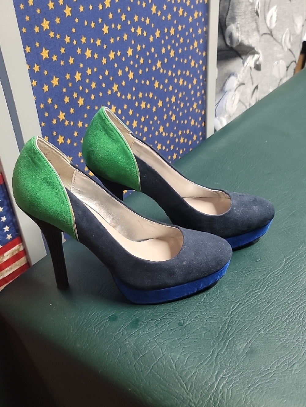 Nine&Co. Navy Suede Heels with Green And Royal Blue  Accent. - Picture 2 of 5